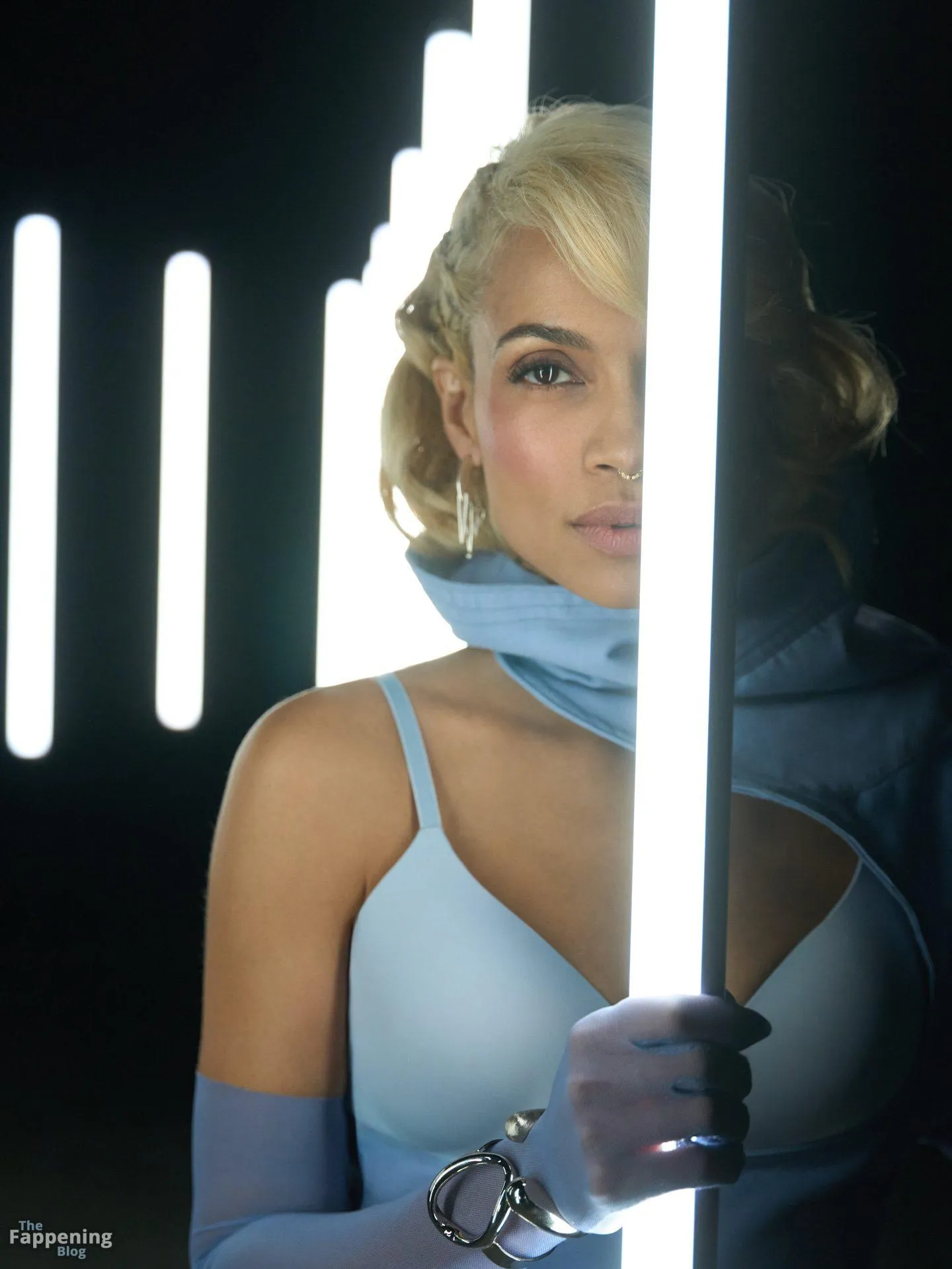 Rosario Dawson Poses in a Blue Bra from EBY (7 Photos)