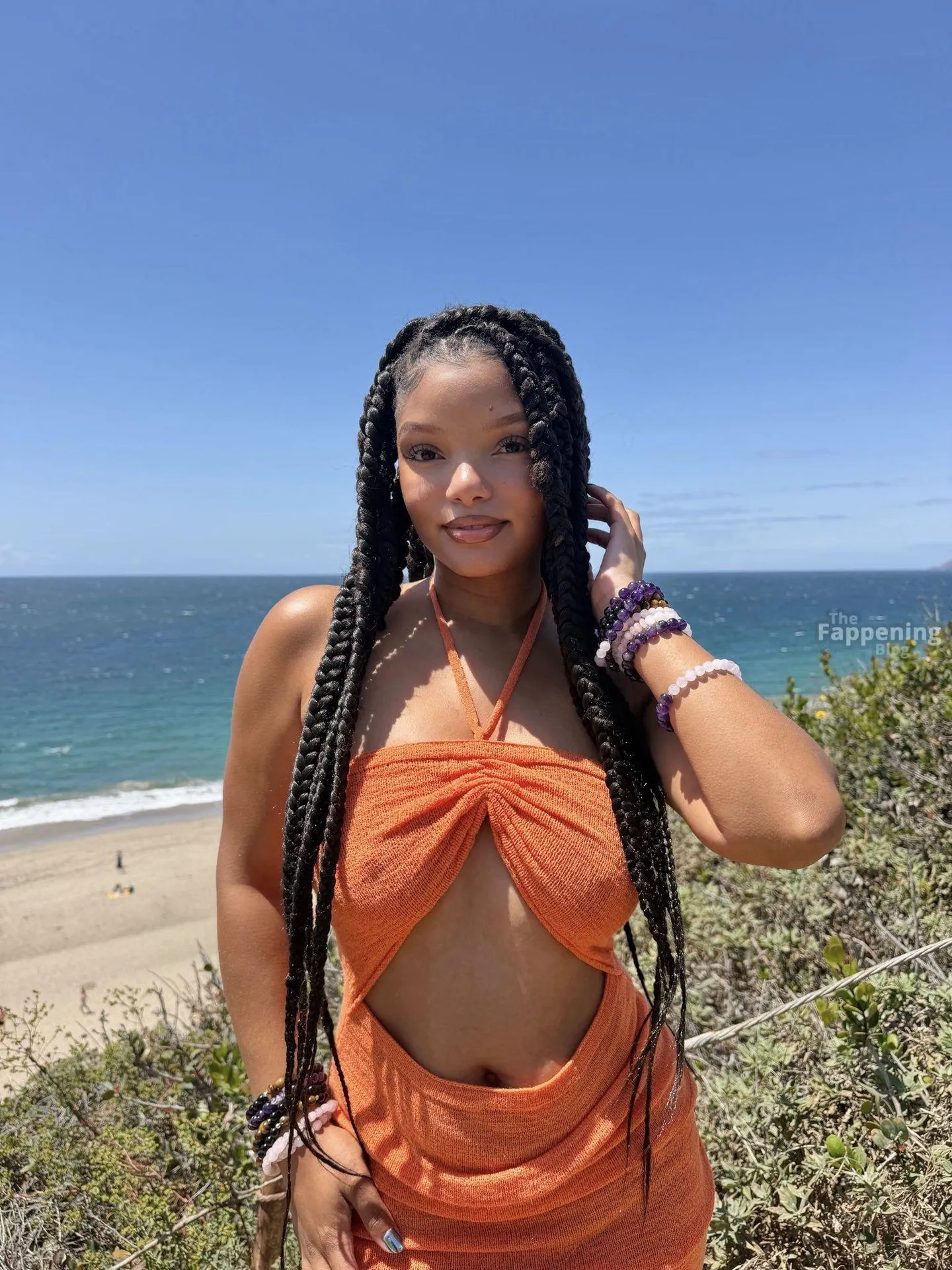 Halle Bailey Shows Off Her Pokies in an Orange Dress During Her Beach Shoot (9 Photos)